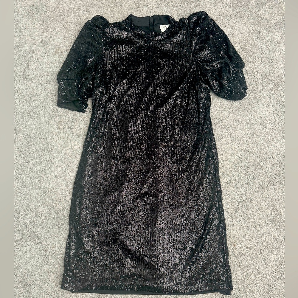 Black formal sequin sparkly dress puffy sleeve homecoming holiday large party 10
